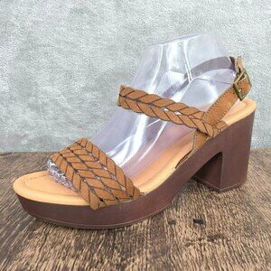 Cato Platform Block Heel Sandals 10 W Brown Faux Leather Strappy Ankle Boho Chic
